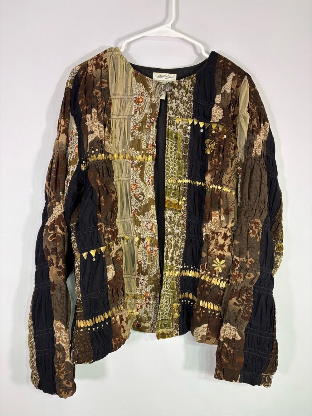 Coldwater Creek Embellished Patchwork Jacket Boho Artsy Wear-able Art Size Large